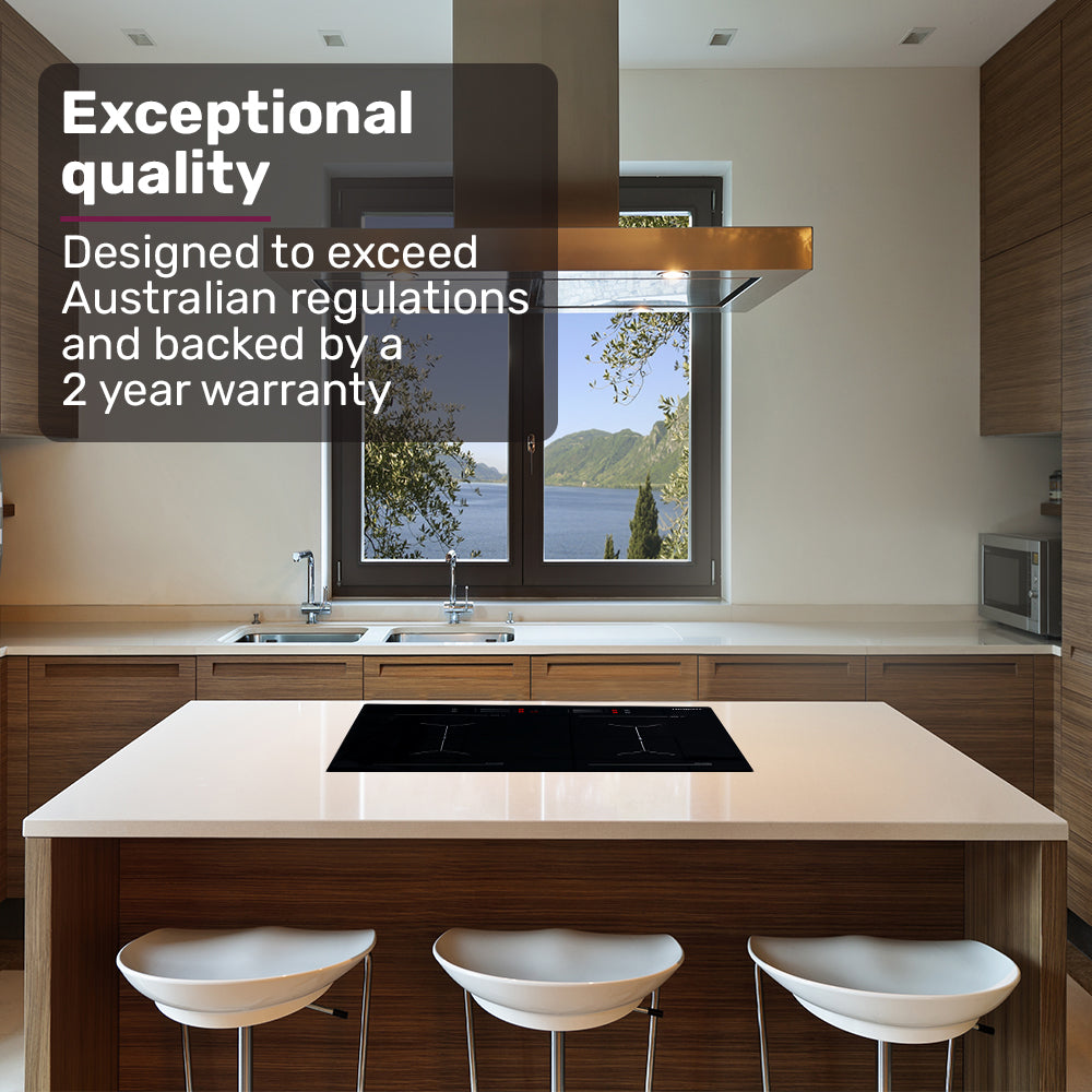 Modern kitchen with a window view of a lake, featuring text about exceptional quality and warranty.