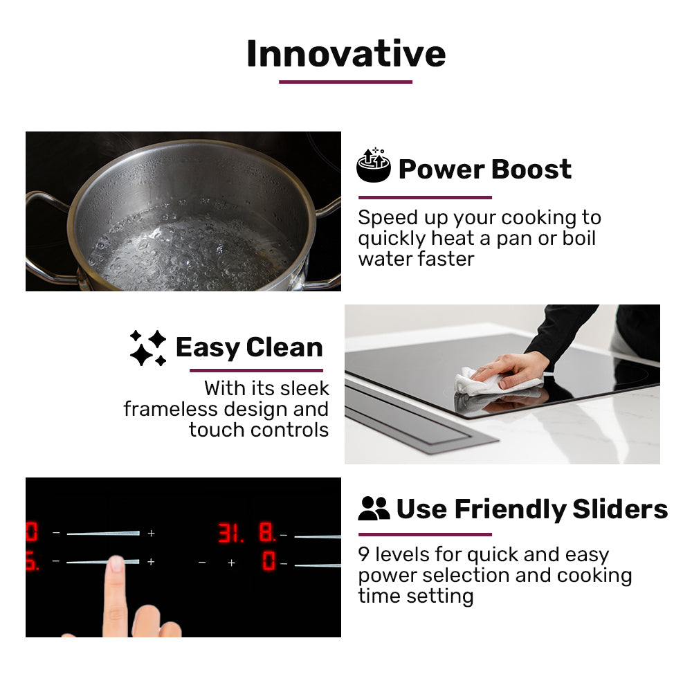 Product features including Power Boost, Easy Clean, and Use Friendly Sliders on a white background.