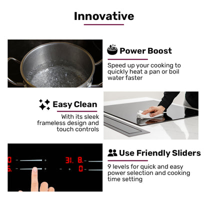 Product features including Power Boost, Easy Clean, and Use Friendly Sliders on a white background.
