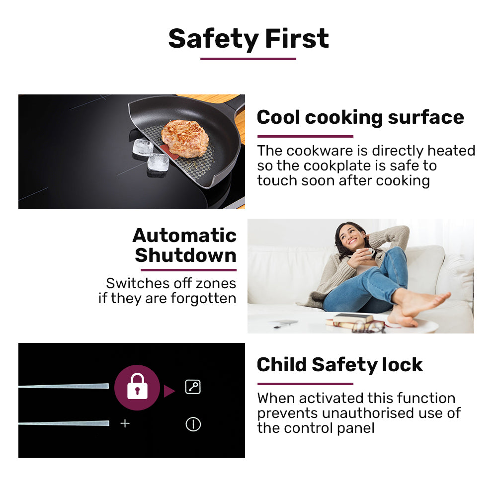 Product features with text on safety and functionality, including a cooking pan, woman using a device, and control panel illustration.