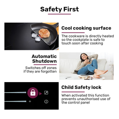 Product features with text on safety and functionality, including a cooking pan, woman using a device, and control panel illustration.