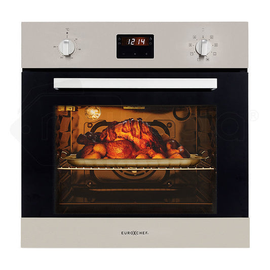Stainless steel oven with a roasted turkey inside, brand 'EuroChef' visible