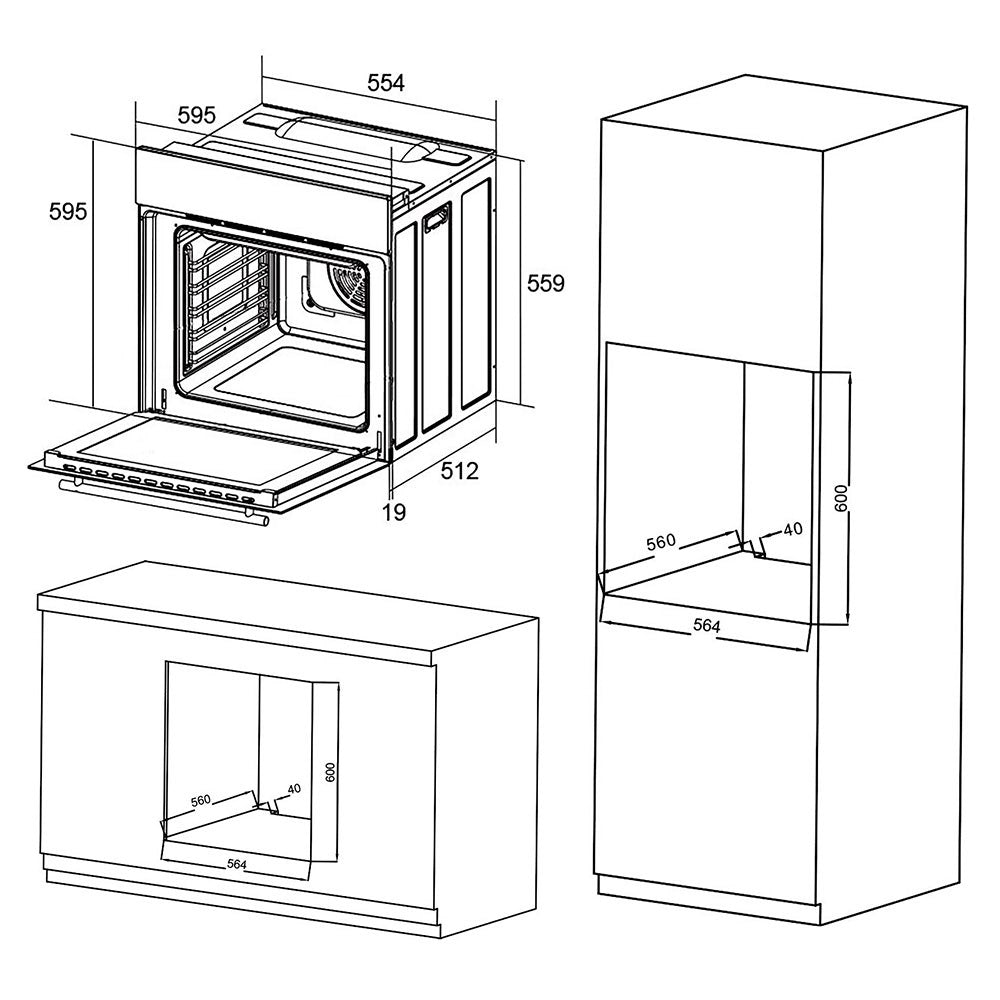 Technical drawing of a fireplace with dimensions labeled