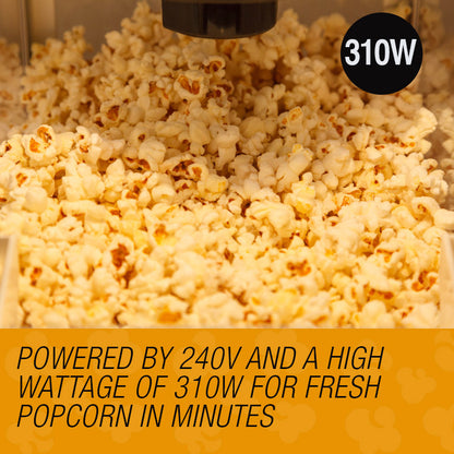 Popcorn being made with a machine, featuring text about power requirements.