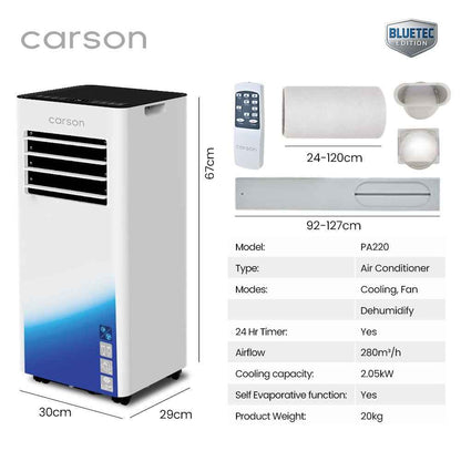 CARSON 2.05kW Portable Air Conditioner, Bluetec Edition, Dehumidifier & Fan Mode, Remote Control, 24hr Timer, Sleep Mode