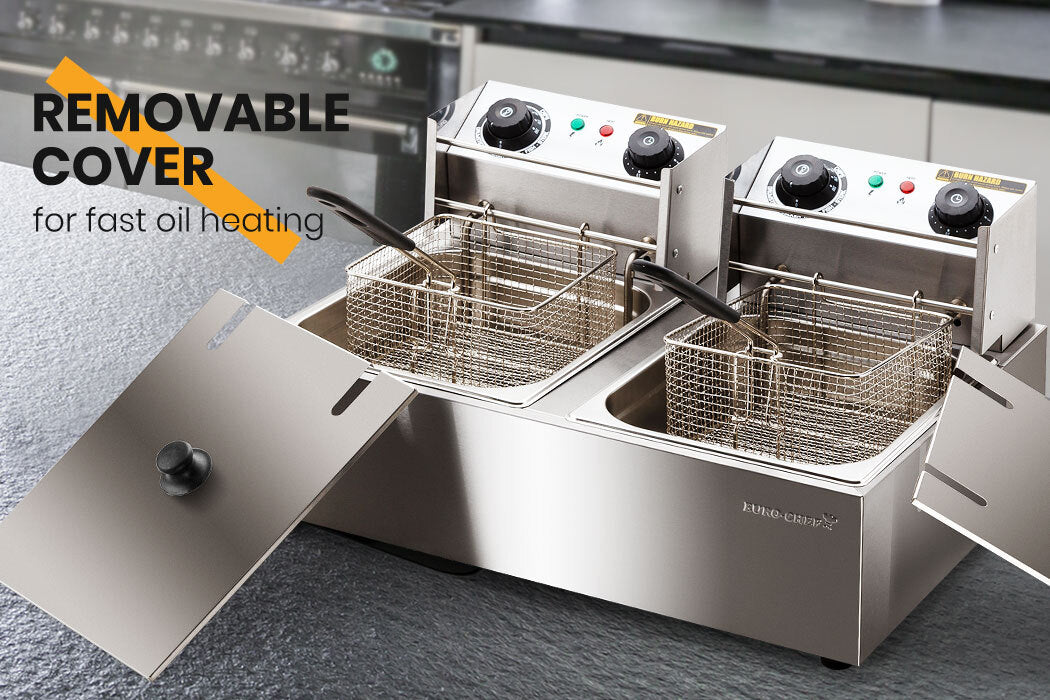 EuroChef commercial fryer with two stainless steel baskets positioned for frying.