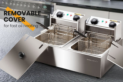 EuroChef commercial fryer with two stainless steel baskets positioned for frying.