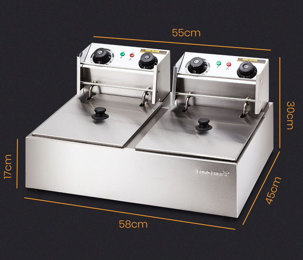 Front view of the EuroChef Twin 2x10L Electric Deep Fryer with stainless steel finish.