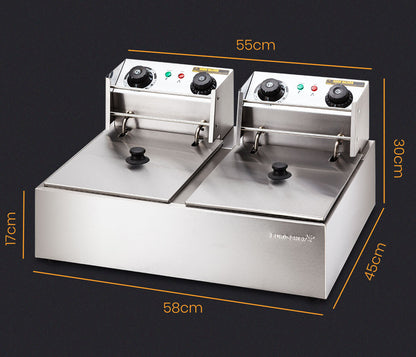 Front view of the EuroChef Twin 2x10L Electric Deep Fryer with stainless steel finish.