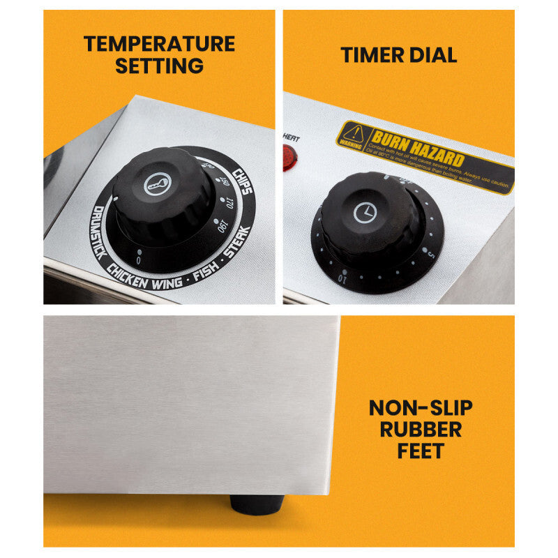 Close-up of temperature and timer dials on the EuroChef 2x10L Twin Fryer for precise cooking.