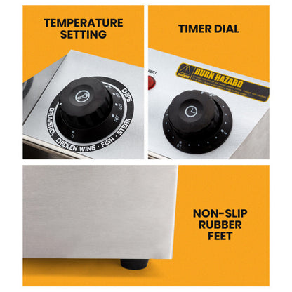 Close-up of temperature and timer dials on the EuroChef 2x10L Twin Fryer for precise cooking.