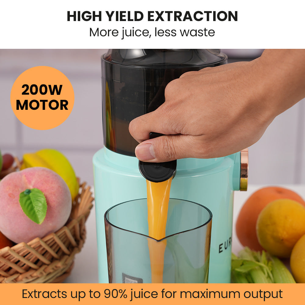 Turquoise juicer with a hand pouring juice, surrounded by fruits, with text about high yield extraction and motor power.