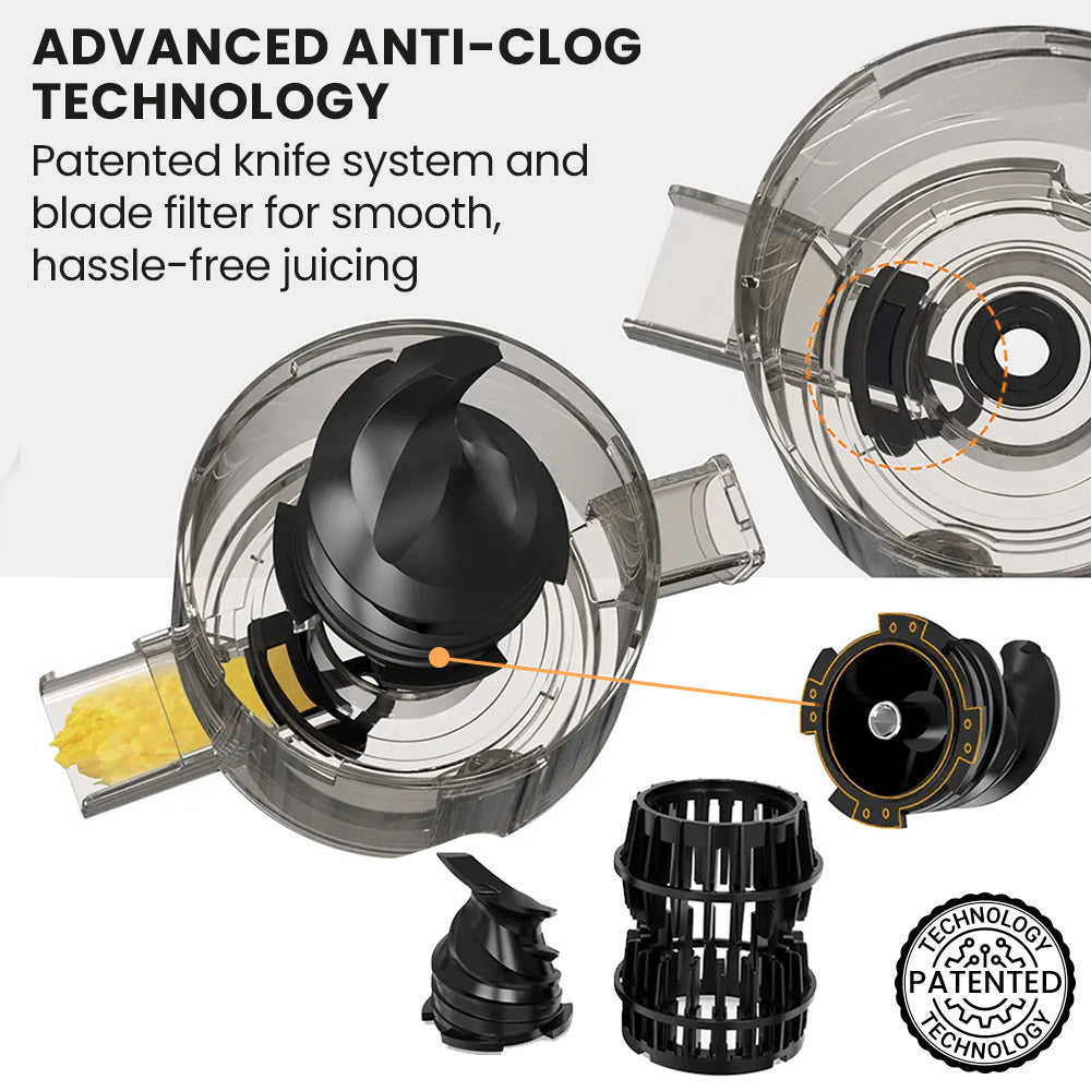Juicer components with advanced anti-clog technology on a white background