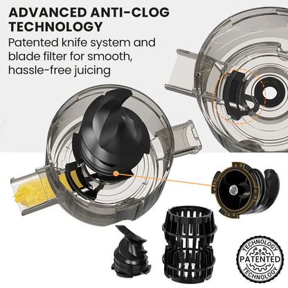 Juicer components with advanced anti-clog technology on a white background