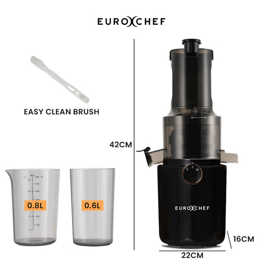 EUROXCHEF juicer with measuring cups and cleaning brush on a white background