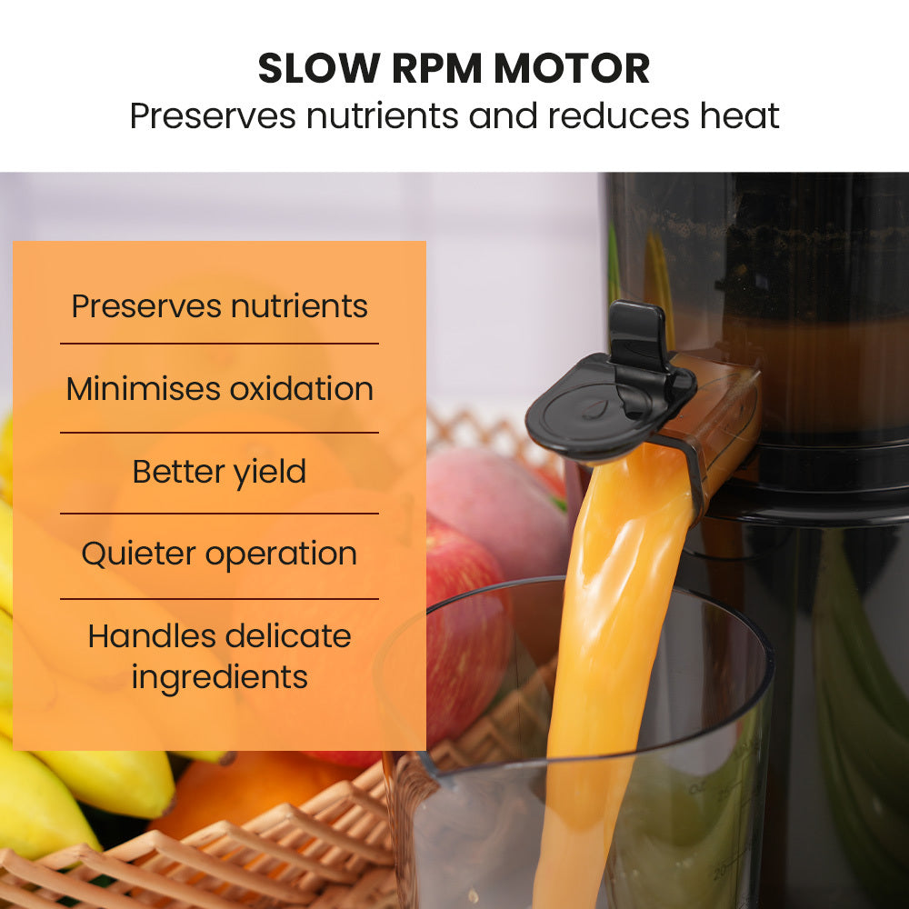 Juicer with a slow RPM motor feature highlighted, showing juice being poured into a glass with fruits in the background.