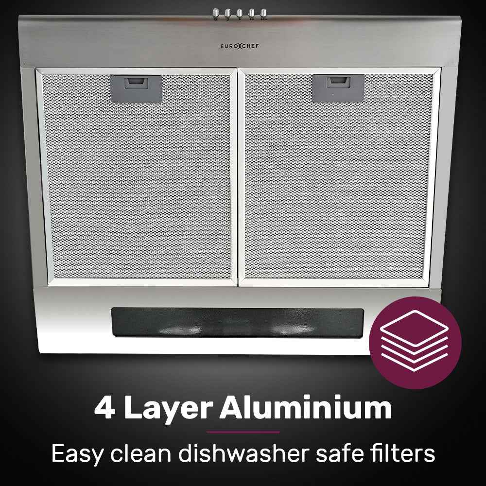 EUROCHEF 60cm Fixed Stainless Steel Rangehood, Quiet 3-Speed, 4-Layer Dishwashable Filters, Halogen Lights EFR60S
