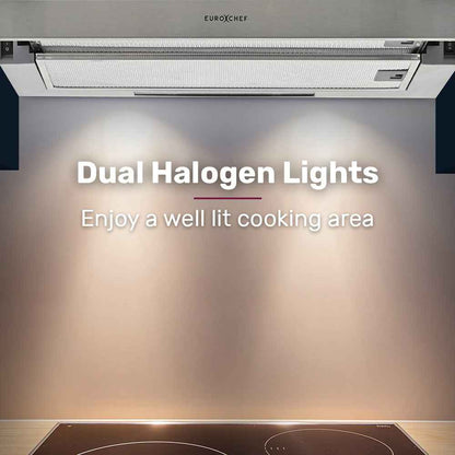 EUROCHEF 60cm Slideout Stainless Steel Rangehood, Quiet 2-Speed, 3-Layer Dishwashable Filters, Halogen Lights ESR60S