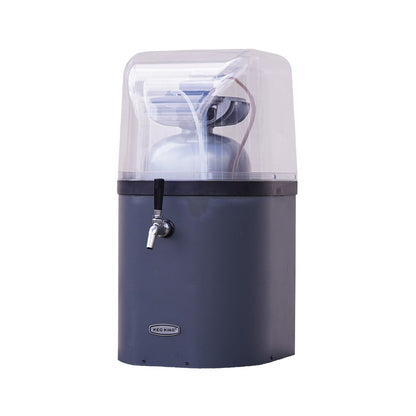 Blue keg cooler with a clear top on a white background