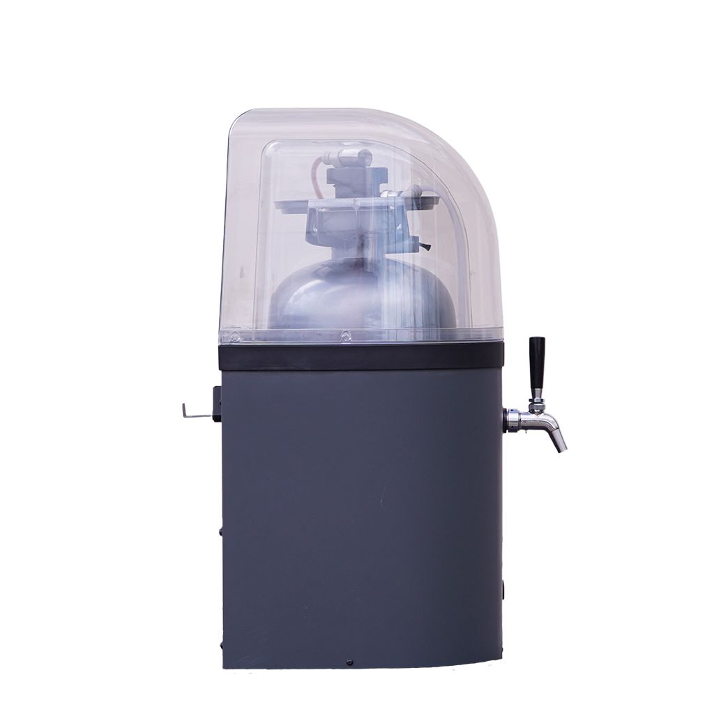 Beverage dispense system with a clear top section and black base on a white background
