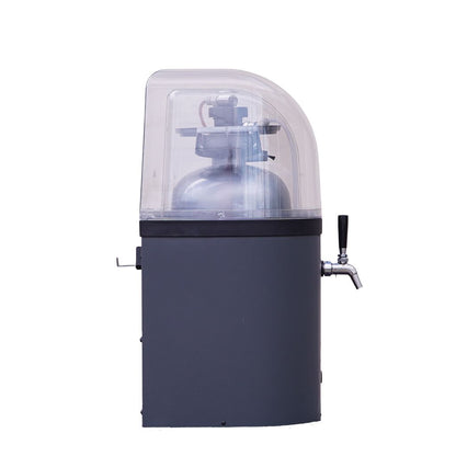 Beverage dispense system with a clear top section and black base on a white background