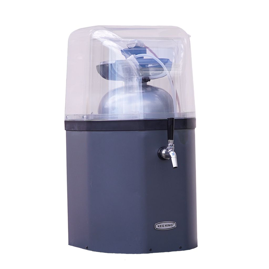 Blue pet water fountain with clear top on a white background
