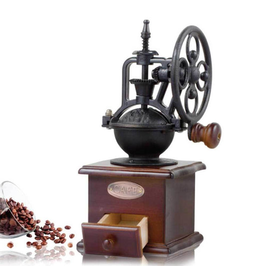 Vintage-style coffee grinder with wooden base and metal components on a white background