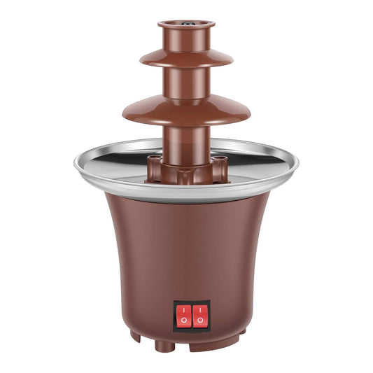 Chocolate fountain with multiple tiers on a white background