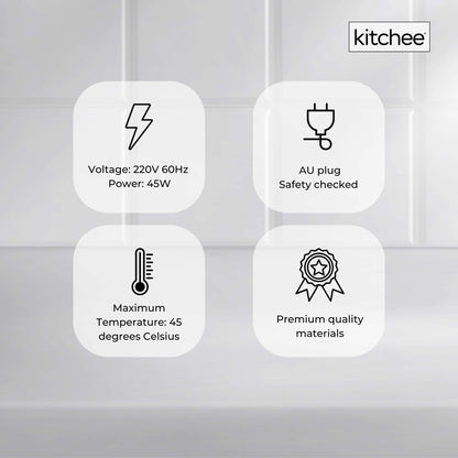 Product specifications displayed on a gray background with 'kitchee' branding.