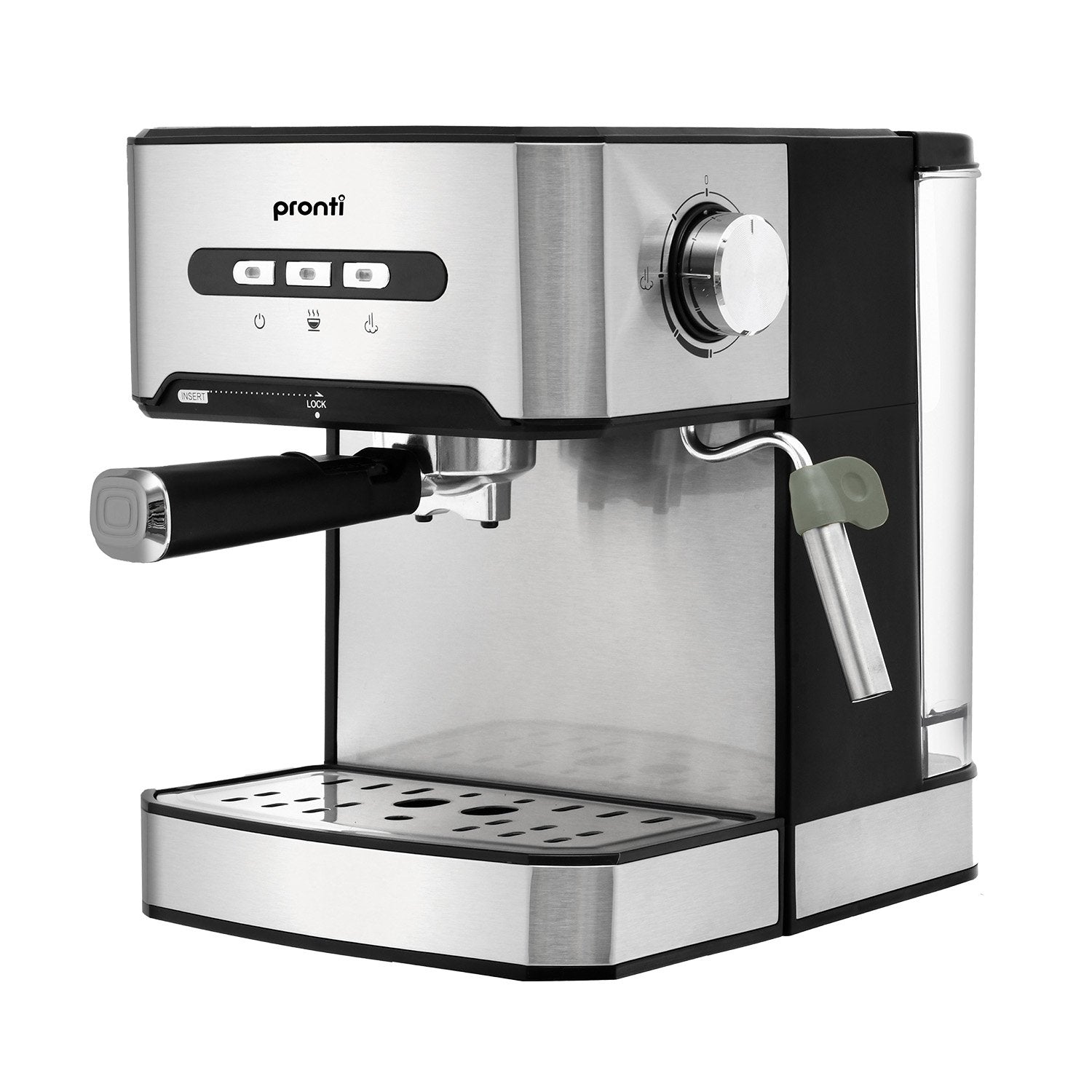 Stainless steel espresso machine with black accents on a white background