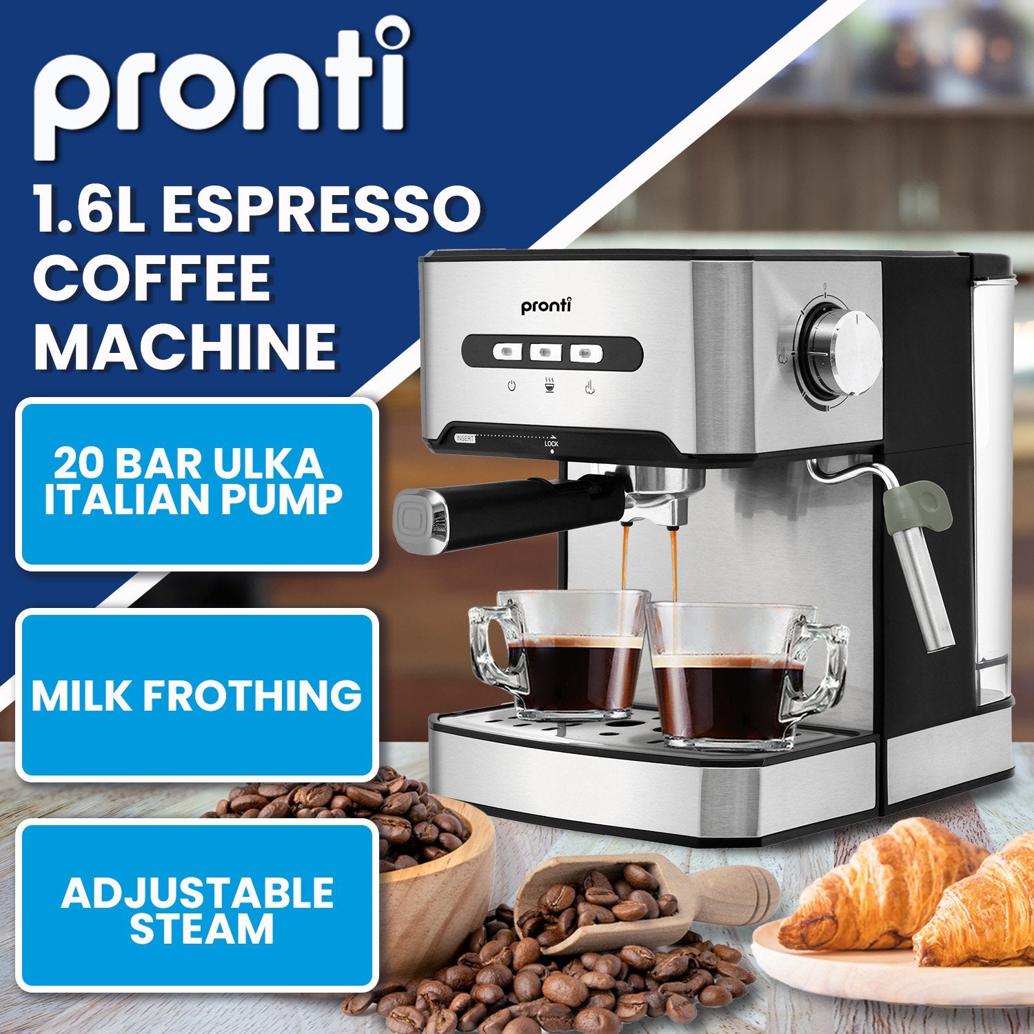 Pronti espresso coffee machine with features highlighted on a blue and white background