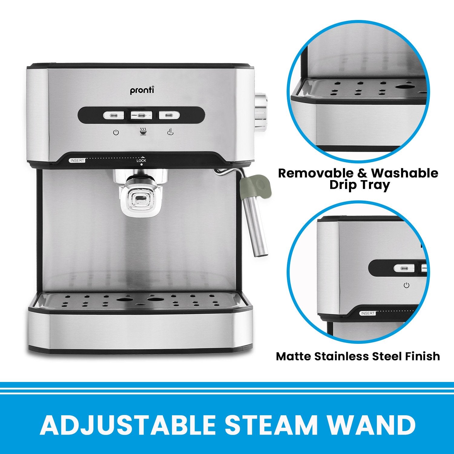 Stainless steel espresso machine with features highlighted on a white background