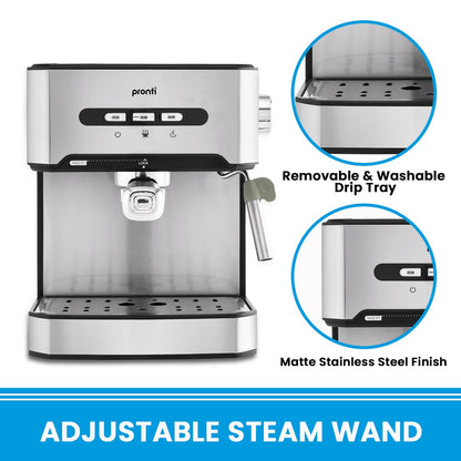 Stainless steel espresso machine with features highlighted on a white background