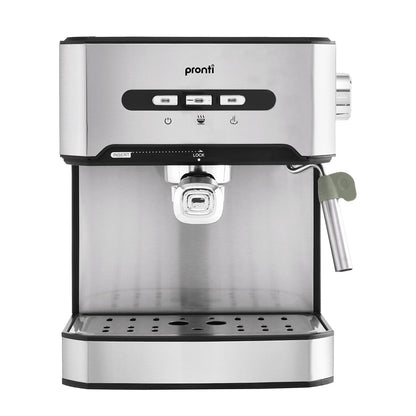 Stainless steel espresso machine with Pronti branding on a white background