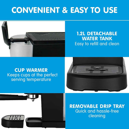 Pronti CM-850D Coffee Machine 20 Bar Espresso Maker with Milk Frother and 1.25L Tank