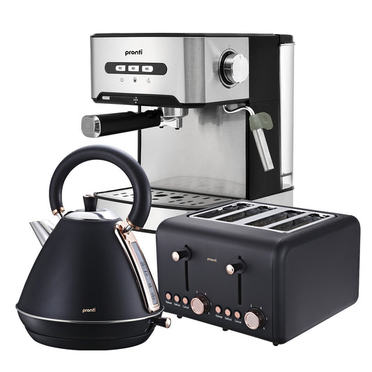 Set of Pronto kitchen appliances including a kettle, espresso machine, and toaster on a white background