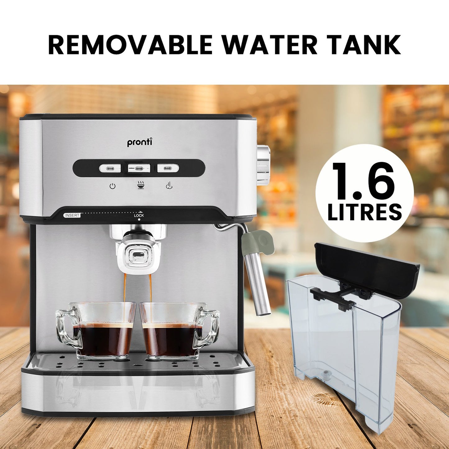Pronti espresso machine with removable water tank on a wooden surface