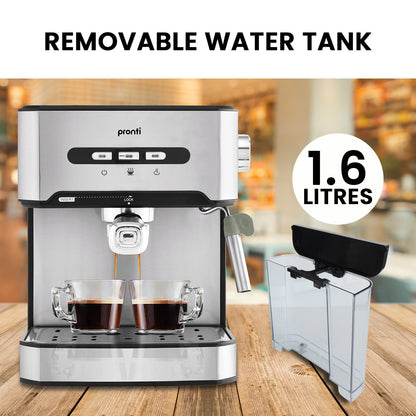 Pronti espresso machine with removable water tank on a wooden surface