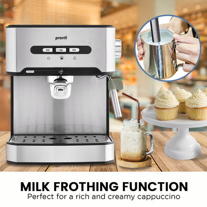 Pronti espresso machine with milk frothing function, surrounded by coffee drinks and cupcakes.
