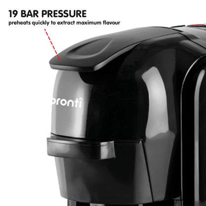 Black coffee maker with 'bronté' branding and text about 19 bar pressure and quick preheating.