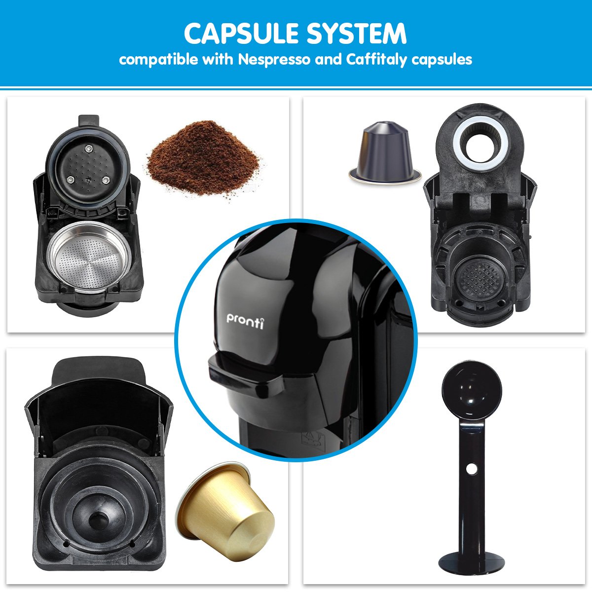 Collage of a Pronti capsule system with Nespresso and Caffitaly capsules on a blue background.