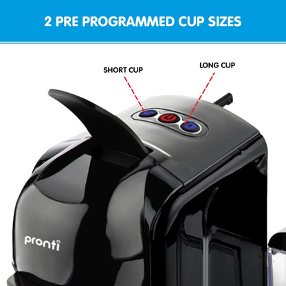Black coffee maker with pre-programmed cup size options labeled, featuring the brand 'pronti'.