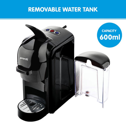 Black coffee machine with a removable water tank on a white background