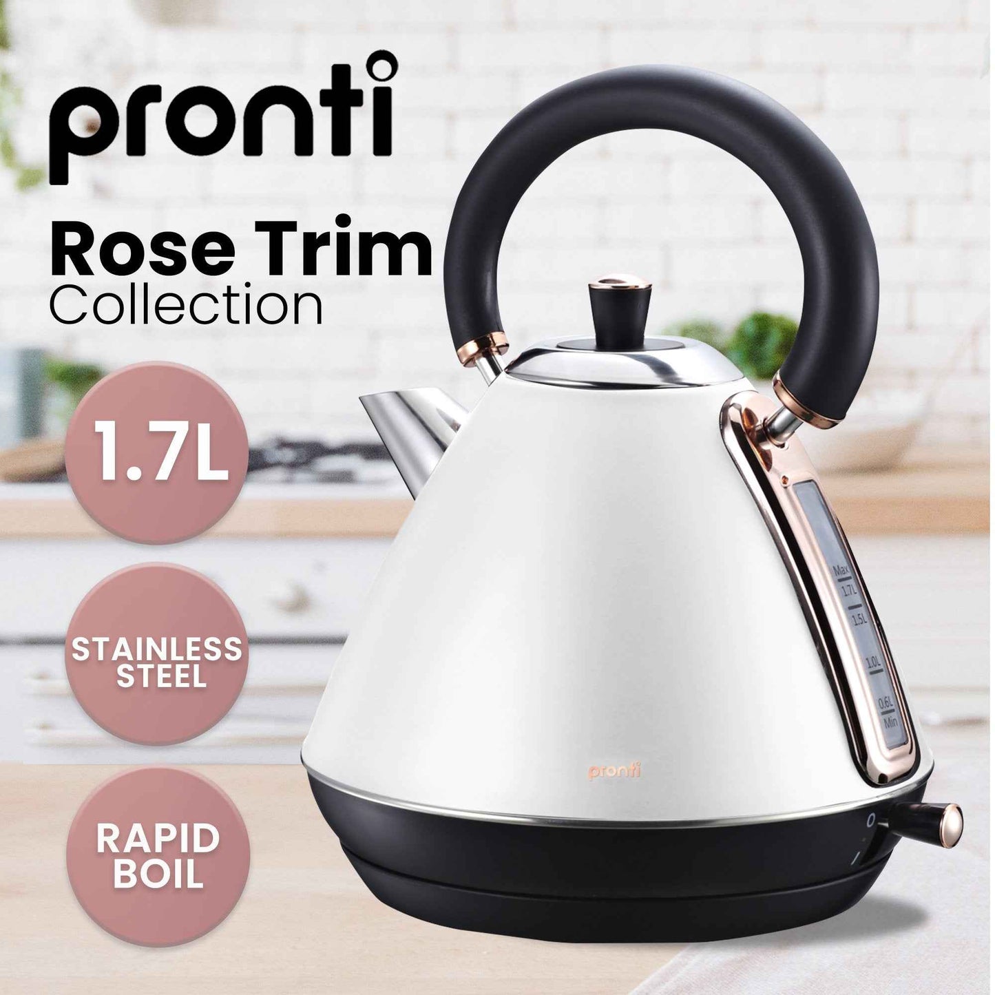 Pronti Breakfast Set with Rose Gold Kettle & Toaster with 1.2L Espresso Machine - White