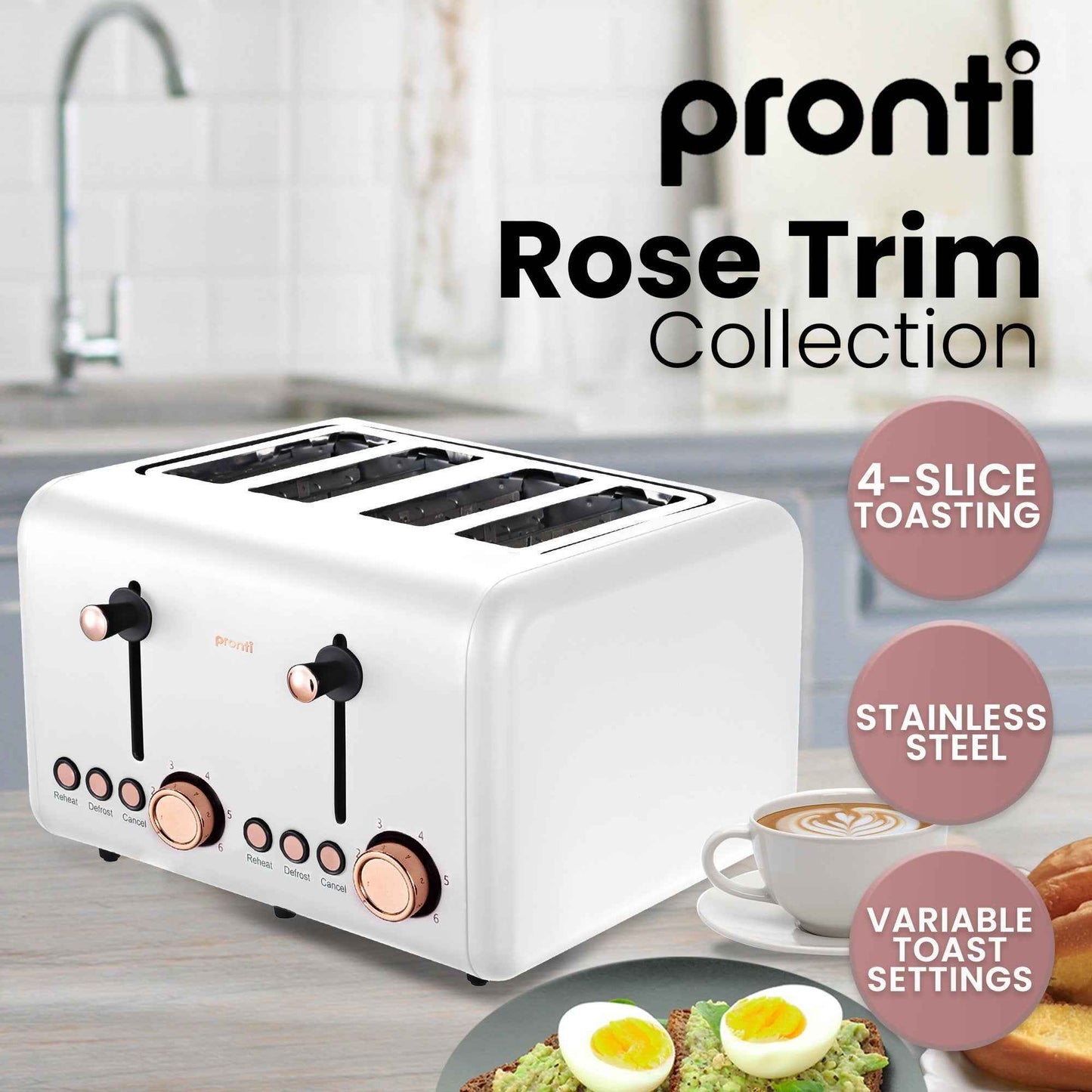 Pronti Breakfast Set with Rose Gold Kettle & Toaster with 1.2L Espresso Machine - White