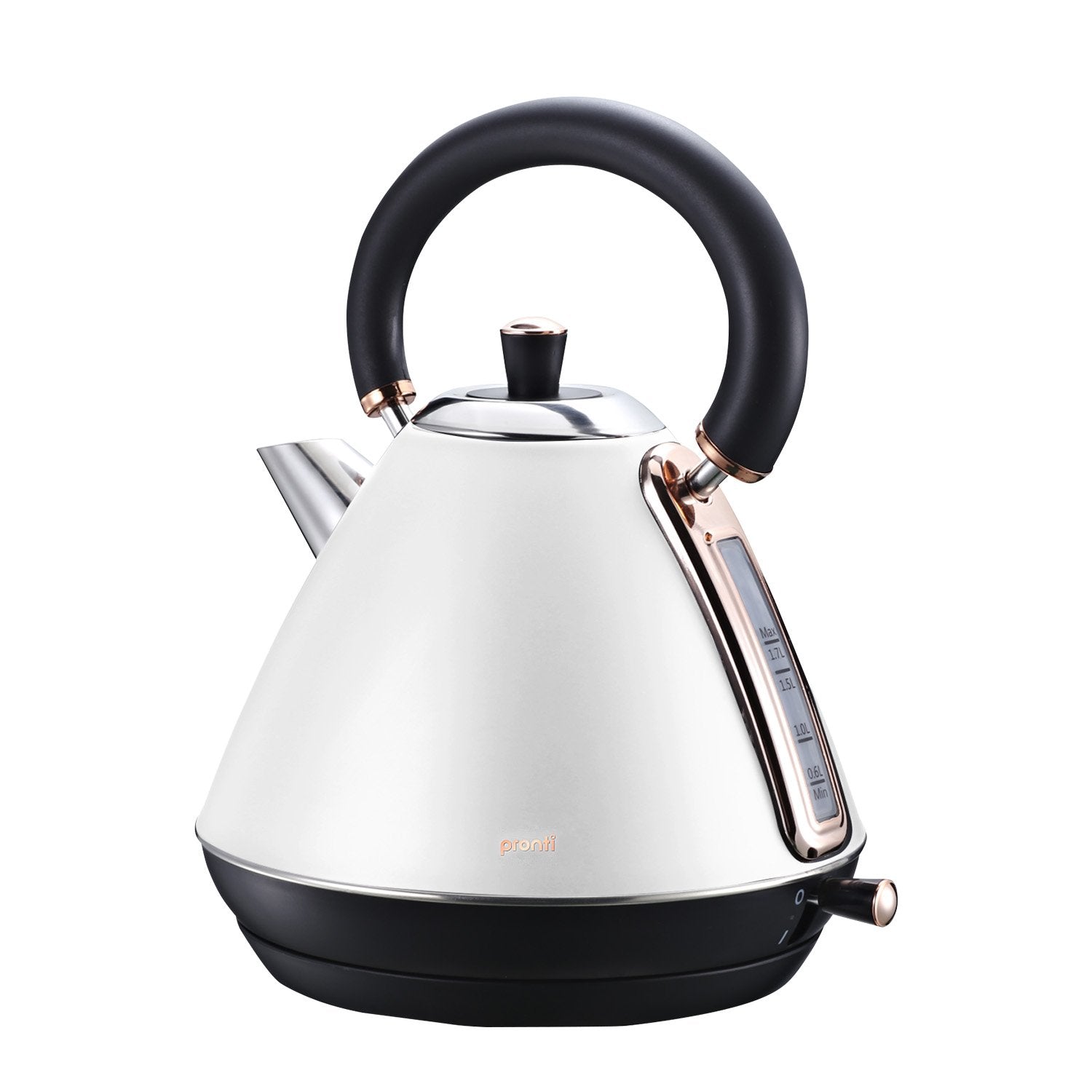 White electric kettle with black handle and base on a white background