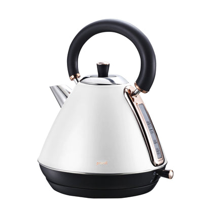 White electric kettle with black handle and base on a white background