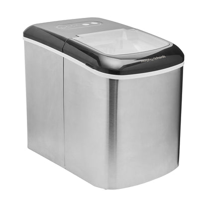 Stainless steel ice maker with black top on a white background