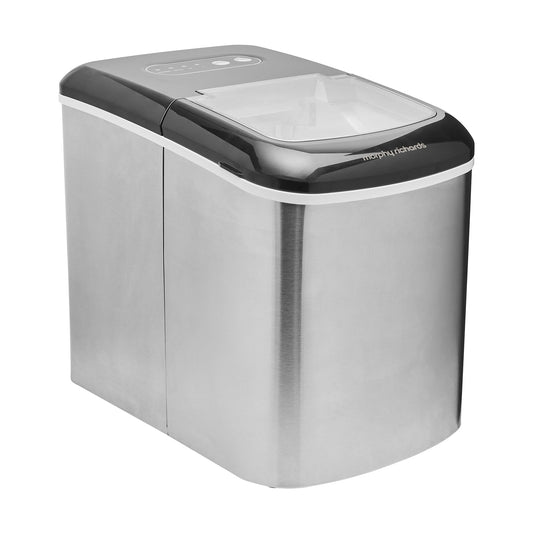 Stainless steel ice maker with black top on a white background