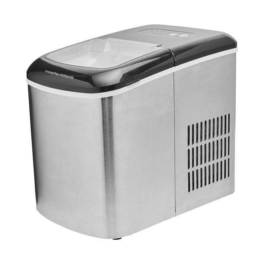 Portable ice maker with stainless steel and black finish on a white background